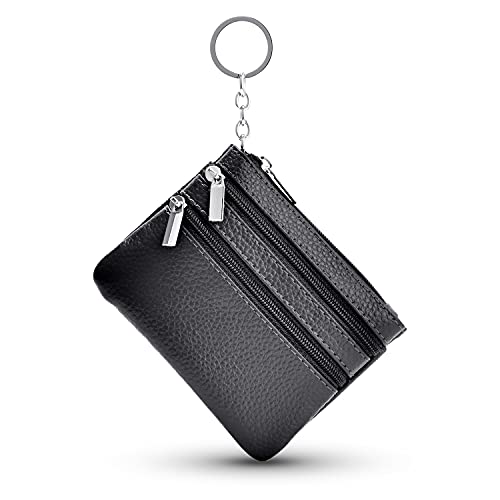 Damen Mini Echtleder Geldbörse Münzbeutel Klein Portemonnaie Geldbeutel mit Reißverschluss und Schlüsselring für Mädchen Kinder Herren Klein Coin Purse Wallet Münzbörse(Schwarz)