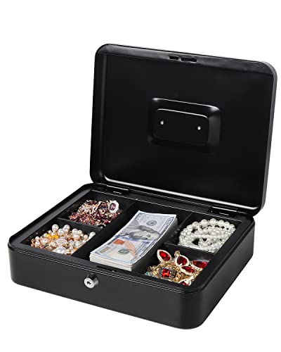 Large Cash Box With Money Tray And Lock, Lovndi Metal Money Box For Cash, Lockbox 11.8 X 9.5 X 3.54 Inches, Black #TOP5
