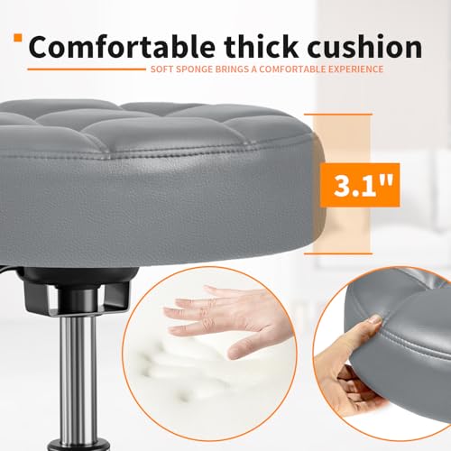 Image of Rolling Stool PU Leather Round - Ultra Soft Padded Seat Cushion Stool with Wheels with Footrest, Weight Capacity 300lb,Adjustable Height Stool for Tattoo Massage Salon Medical Spa Center (Grey)