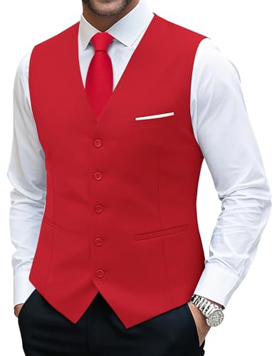 YOHOWA Red Mens Formal Suit Vest and Tie Set Business Casual Waistcoat Solid Colors Wedding Western Tuxedo Vest V-Neck
