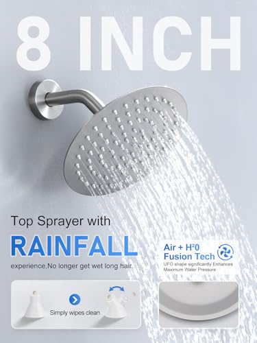Image of Woindo Shower Faucet Set 10 inch Rain Shower Head /8'' Side Shower Head and 3 Setting Handheld Ceiling Mount 3 Push Button Diverter Complete Rainfall Round Shower System Included Valve Trim Kit