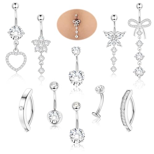 Diamday 10pcs Piercing Nombril Acier Chirurgical Piercing Nombril Anneau 14G Coeur Papillon Fleur Pendentif Ventre Piercings Barre Nombrils Percings Or Argenté