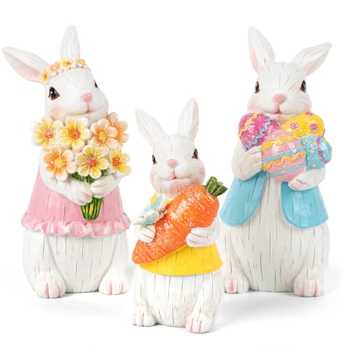 COCHIE Spring Decorations Indoor, Cute Bunny Figurines Spring Decor, Resin Rabbit Spring Day Tabletop Centerpiece, White Bunnies Decorations for Home Party (Set of 3, Family Style)