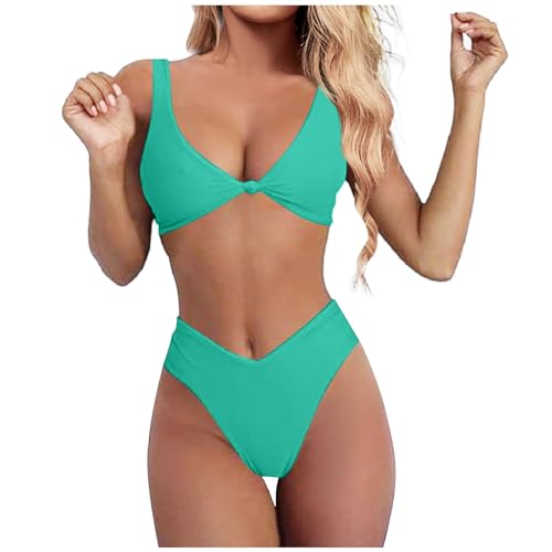 Generisch 2024 Conjunto de Bikini Mujer Color Sólido Cuello en V Nudo Delantero Push Up Tanga con Corte Alto de Pierna Alta Traje de Baño de Dos Piezas Tops Hombres Manga Larga Sexy, verde menta, M