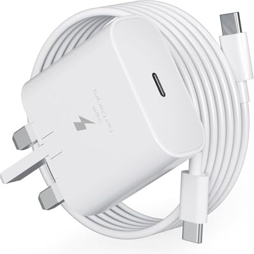 25W USB-C Fast Charger with Type-C to Type-C Cable PD Super Fast Charging Wall Adapter UK 3-Pin Plug compatible with iPhone Samsung Android & Tablets