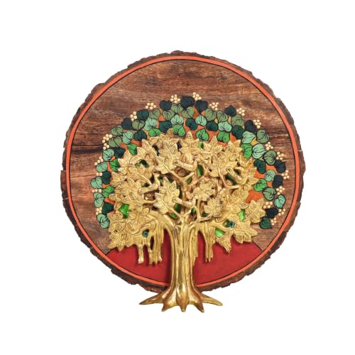 Image of AAKRITI ART CREATIONS Bodhi Tree Wall Art, Handcrafted Wooden Tree of Enlightenment Decor, Dhokra Art Set of 1 Multi Color | Matte Finish Mango Wood | Home Items for Living Room, Bedroom, Office