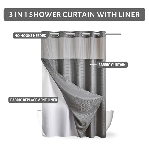 Image of Furlinic Stall Size No Hook Shower Curtain with Snap in Liner,Waffle Weave Heavy Duty Fabric Bathroom Curtains with See Through Top Window,Waterproof & Machine Washable,Grey,36x72 Inch