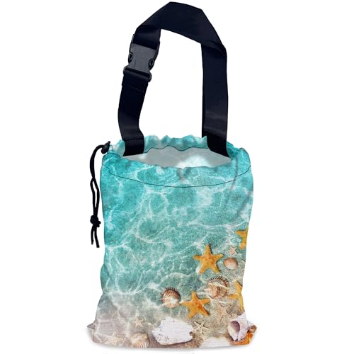 Starfish and Seashells Car Garbage Bag,Summer Ocean Waterproof Small Car Trash Bag Hanging Back of Seat,Drawstring Hanging Car Trash Bag with Adjustable Buckle for Car Accessories
