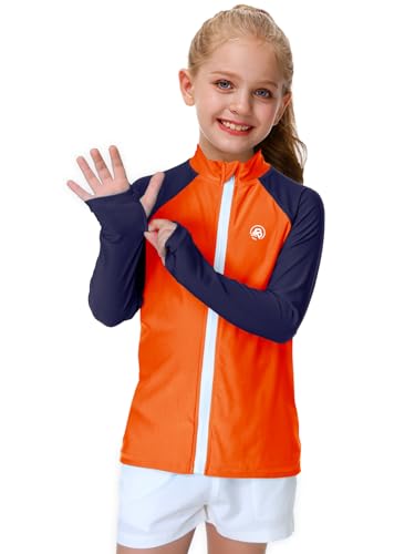 AOBUTE Swim Shirts for Boys SPF 50+ Color Block Long Sleeve Summer Rash Guard with Thumb Holes Orange Navy 11-12Y4