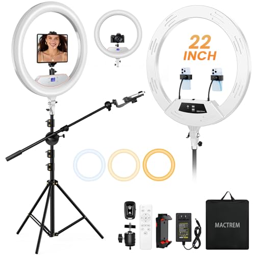 Ring Light 22inch Kit: Ring Light Tripod for iPhone ipad,with 75" Tripod/LCD Display/4 Phone Tablet Clips/2 USB Ports,LED RingLight for Barber Makeup Tattoo TikTok Video Recording Vlog (White)