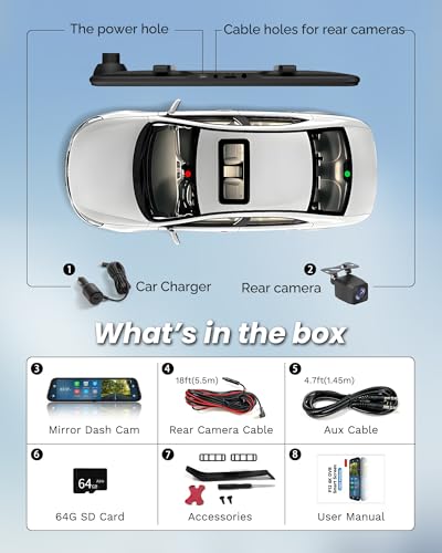 4K Rear View Mirror Camera with Carplay&Android Auto,12" Mirror Dash Cam Front and Rear with Voice Control for Cars&Trucks,Smart Touch Screen,64GB Card Included/Loop Record/Reverse Assist - image 9
