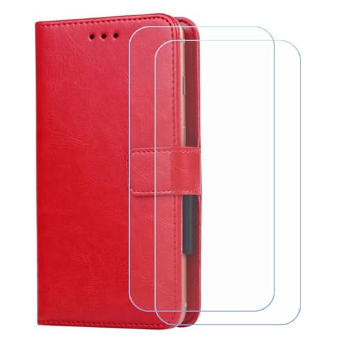 BMPNLSZ Cover for BLU View Mega + 2 HD Film Protector, Screen Protector Tempered Glass - Phone case with[Cash and Card Slots] Wallet Shell for (6,0') - Red-XHDSXT
