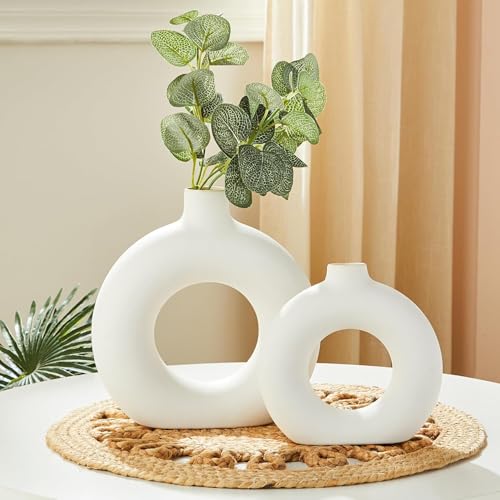 Image of Amazon Basics Modish Ceramic Donut Shaped Vase | for Unique Home Decor (Pack of 2 | White)