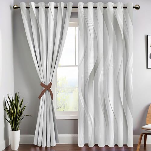 CEDNXOER White Blackout Curtains for Living Room Bedroom, 53.9 Inch Drop Curtains 46.1 x 53.9 Inch 2 Panels, Minimalism Stripes Abstract Waves Pattern Black Out Window Curtain, Thermal Eyelet Drapes - Image 2