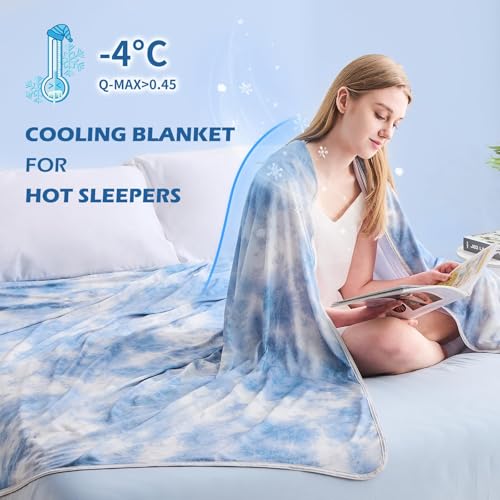 Image of EMME Cooling Blanket Twin Size (60 inchx80 inch) for Hot Sleepers, Arc-Chill Q-Max 0.45 Cool Fiber, Lightweight Summer Blanket for Night Sweats Relief, Ultra Breathable for Travel Outdoor, Blue