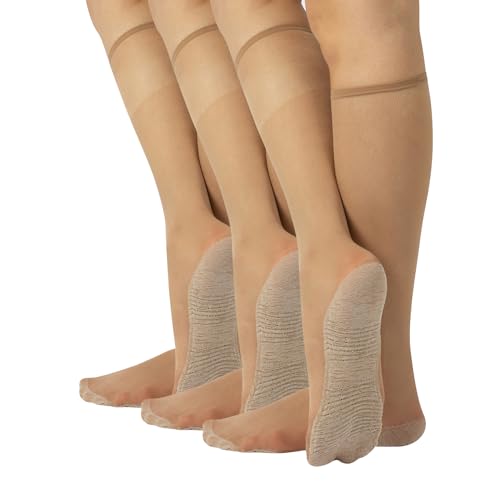 Image of CALZITALY PACK 3 PAIRS 20 DEN SHEER KNEE HIGH SOCKS WITH COMFORT SOLE | LYCRA KNEE HIGH POP SOCKS | NATURAL, BLACK | ITALIAN HOSIERY | (3PAIR - SKIN)