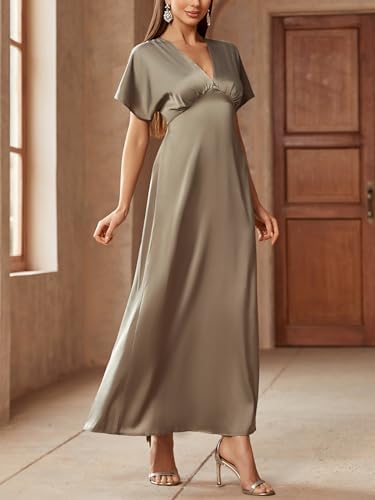 Women's 2025 Satin Dress Elegant Deep V Neck Flutter Sleeve A-Line Gown Cocktail Party Maxi Dresses4