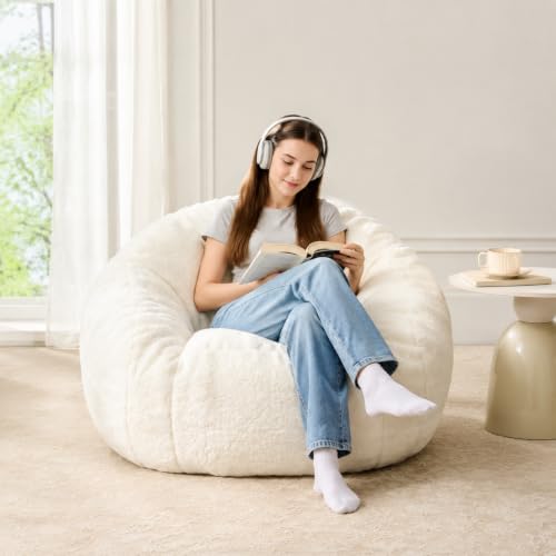 Image of HUGHEAVEN Medium Memory Foam Bean Bag Chair for Adults & Kids - 3ft Fluffy Floor Chair Lounger| Cozy Faux Fur Reading Nook Chair, Comfy Beanbag Sofa Couch, Floor Seating Foam Seat with Filler