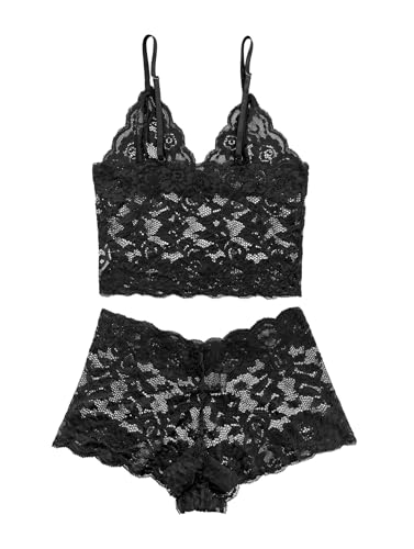Image of Lilosy Sexy Sheer Floral Lace Pajamas Lingerie Set High Waist Sleepwear Bra and Panty 2 Piece Nightwear