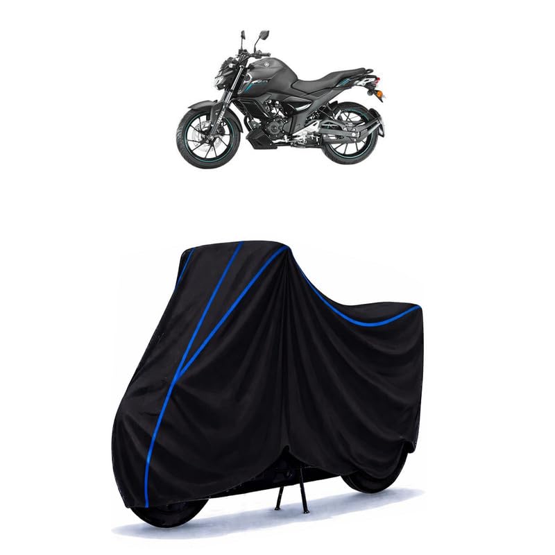 Image of FZ S FI V 2.0 Bike Cover Water Resistant Universal Motorcycle Rain | Heavy Duty UV Protection, Dust, Scratch Indoor Outdoor All Weather with Black Blue Piping Elastic