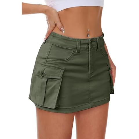 Mancreda Women Denim Cargo Skirt Mini Low Waist Button Bodycon Y2K Flap Pockets Skirts(GR,M) Cover