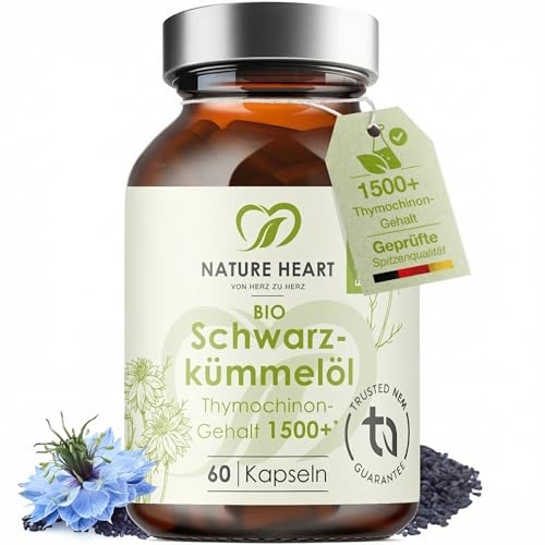 Nature Heart Bio Schwarzkümmelöl 60 Kapseln 1500+ Thymochinongehalt hochdosiert kaltgepresst vegan naturreines Schwarzkümmelöl - Nigella sativa ohne Zusatzstoffe