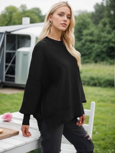 Image of oversized batwing sweaters for women crewneck side slit ribbed knit pullover trendy tops