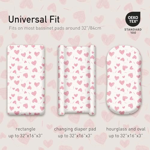 Image of Gllquen Baby Bassinet Sheets 4 Pack, Breathable Cozy Fitted Mattress Sheet | 32 inchx16 inch Soft Baby Sheets for Boys Girls, Compatible with Halo, Snoo, Uppababy, Universal fitted,Baby Gift, Pink Love