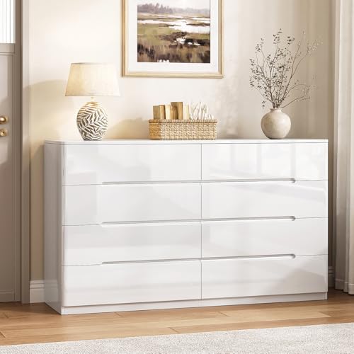 Image of White Wood Dresser, 8 Drawer Dressers for Clothes Storage for Bedroom, Modern Dresser with Wide Drawers, Wide Wooden Chest Drawers for Living Room, Entryway, TV Stand