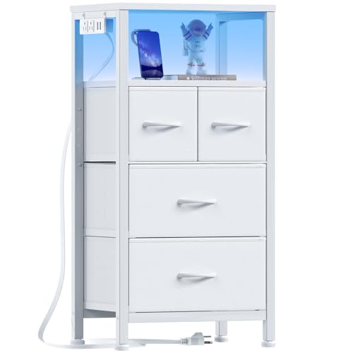 Image of Furnulem 4 Drawer Dresser with Led Light and Charging Station, White Night Stand with Storage Shelf and Fabric & PVC Drawer, 33 Inch Bedside Table, Tall Nightstand for Entryway, Bedroom Furniture
