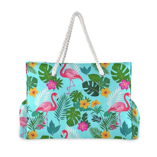 Summer Flamingos Palm Leaf Blue Sturdy foldable beach bag with zipper large tote bags for women for Pool Gym Grocery Travel2