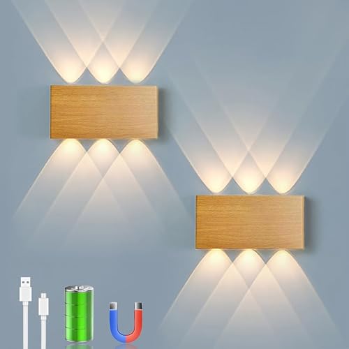Battery Wall Lamp with Touch Control Switch LED Magnetic Battery Wall Light 5200 mAh Wireless Wall Lamp 3 Modes Brightness Levels Ideal for Loft Hallway Bedroom (2 Pieces Wood)