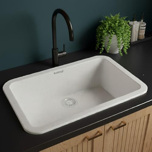 Image of BASINQU Quartz Sink for Kitchen | 24x18x9 Inches Sand-Pluto Single Bowl Sink For Kitchen Basin Round Corner Kitchen Sink | Granite UV Protected Scratch Resistant Undermount /Topmount Sinks