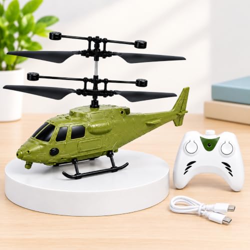 Image of DURAZO Remote Control Plastic Helicopter Toy for Kids | Gravity Sensor Battery Chargable Toy Helicopter | USB Charging Infrared Induction Flight I Pack of 1 (Army Green)