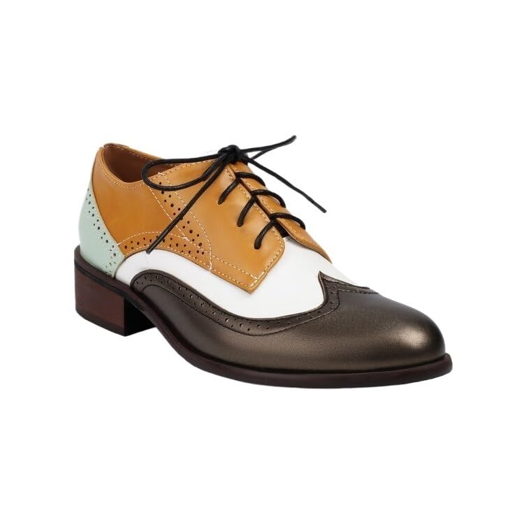 Non Slip Dress Shoes for Mens Dress Oxford Shoes for Men Lace Up Pointed Toe PU Leather Two Tone Patchwork Oxford Shoes Rubber Sole Low Top Block Heel Resistant Anti-Slip