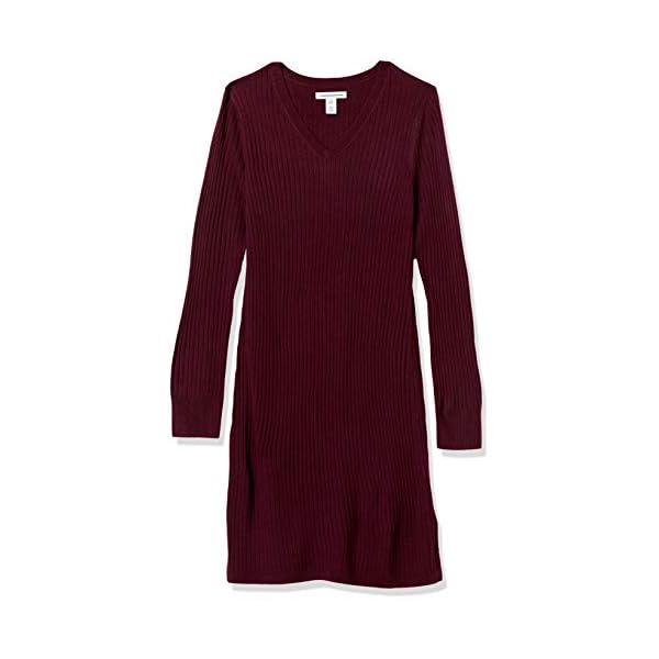 Amazon-Essentials-Womens-Soft-Ribbed-Long-Sleeve-V-Neck-Knee-Length-Classic-Fit-Sweater-Dress Amazon Essentials Women's Soft Ribbed Long-Sleeve V-Neck Knee Length Classic-Fit Sweater Dress, Burgundy, Large