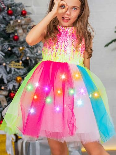 EVILD Girls Light Up Rainbow Tutu Dress Glow Sparkly Sleeveless Sequin Tulle Dresses Party Birthday Dress4