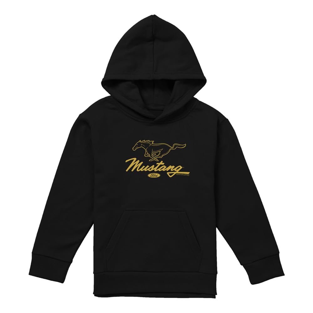 Ford Mustang Pony Script Youth Kids Boy Girls Pull-Over Hoodie, Black, 12-13