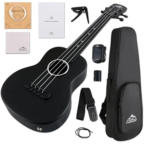 Electric Concert Ukulele, EASTROCK Carbon Fiber 23 Inch Ukelele Kit for Kids Student Adult Professional, Beginner Uke with Case, Strap, Capo, Strings, Black Cover