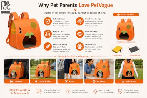 Image of PetVogue Cat Carrier Backpack for Cats & Small Pets, Breathable Pet Travel Backpack with Transparent Window, Ventilated Mesh, Adjustable Shoulder Straps, Soft-Sided Portable Pet Carrier Bag (Orange)