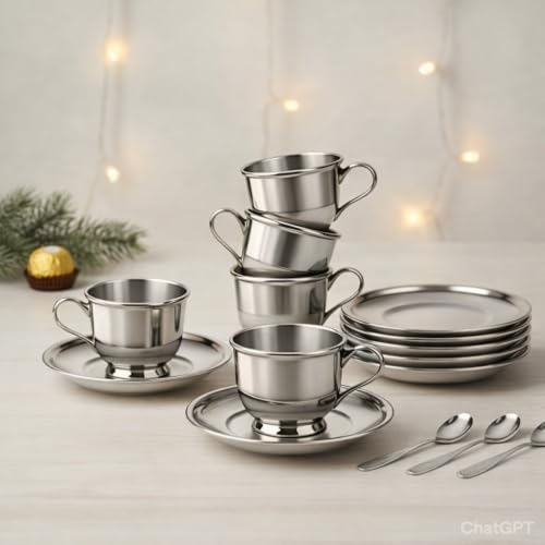Image of Steel Cup and Saucer|Coffee Cup with Plate with Spoon |Tea Cup with Plate|Double Wall|Cup with Handle|Unbreakable Cups|Mirror Finish|BPA Free