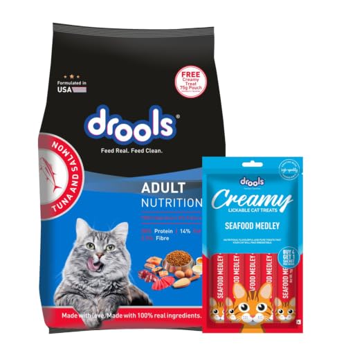 Image of Drools Adult Dry Cat Food 1kg with Free 75g Creamy Treat | Tuna & Salmon Flavour | Reduces Hairball Formation | Taurine for Strong Heart | Supports Skin & Coat
