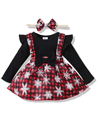 Image of HIGHUZZA Baby Girl Winter Clothes Toddler Girl Spring Outfit Long Sleeve Ruffle Romper Suspender Skirt Headband Set