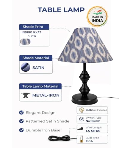 Image of tu casa Modern Table Lamp with Crimson Floral Satin Shade | Metal Iron Base Decorative lamp for Living Room| Designer Table Lamp for Gifting (Indigo ikkat Glow)