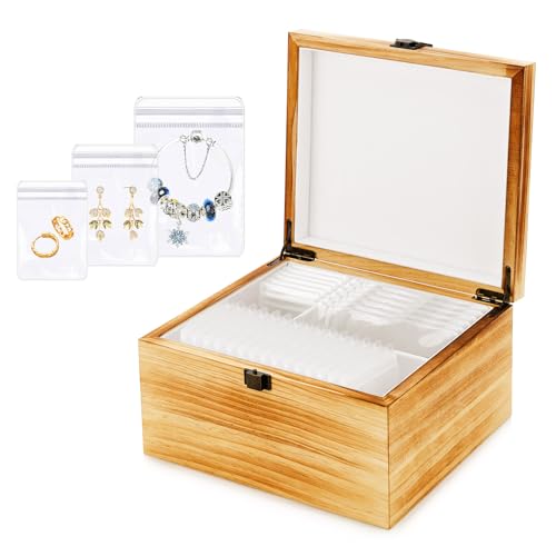 BNING Jewelry Box Organizer, Travel Jewelry Case with 55 Portable Jewelry Bags for Traveling, Wooden Jewelry Organizer and Storage for Earrings Rings Necklaces Brackets, Gifts for Women Girls