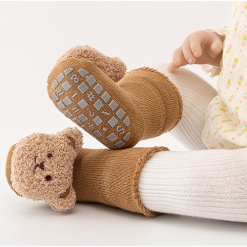 Baby Crawling Socks for 1-3 Years Old Winter, Cute Bear Warm Thick Cotton Terry Floor Socks with Grips for Toddlers4