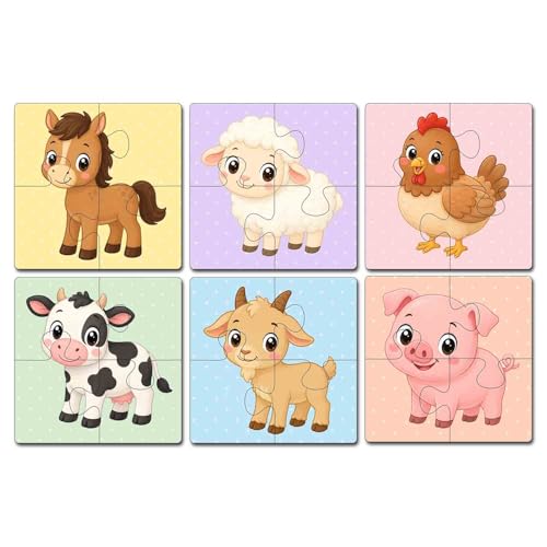 Image of Wooden Jigsaw Puzzle Set of 6 for Kids Age 2-6 Years | Pack of 6 Puzzles with 4 Pieces Each | Toddler Learning Educational Toy | Mixed Themes Puzzle for Boys & Girls (Animal)