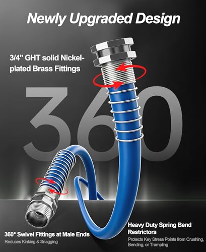 Image of Guitrees 2026 Upgraded Garden Hose 25FT x 5 /8 inch, Heavy Duty Rubber Water Hose with Five Layered Braiding, Swivel male and female Nickel-plated Brass Fittings, 1000PSI Burst, 300PSI Working (Blue)