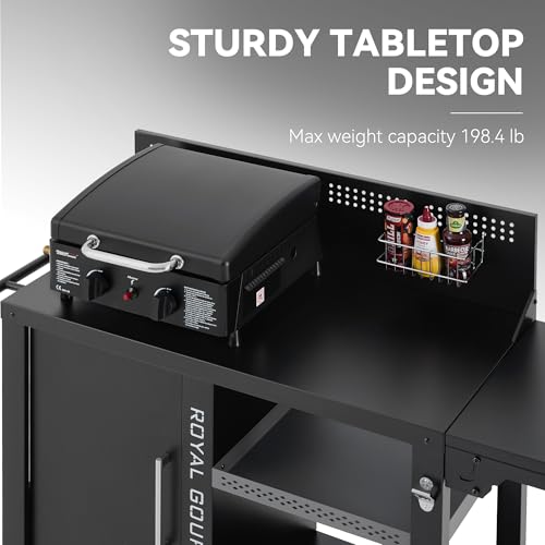 Image of PC4001B 3-Tier Prep & Work Table with Middle Shelf Black | Bottom Shelf, Side Shelf with Hooks, Storage Cabinet, Bottle Opener, Side Handle, 2 Wheels for Easy Mobility,