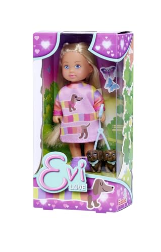 Simba Evi Love Dogs, Puppe mit Zwei süßen Dackeln an der Leine, 12cm Spielpuppe, ab 3 Jahren
